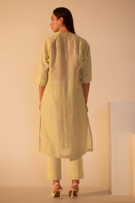 Shop Oja Yellow Gingham, Linen Sequins, Beads Floral Embroidered High Low Kurta With Pant at Aza Fashions Shop_Oja_Yellow Gingham, Linen Sequins, Beads Floral Embroidered High Low Kurta With Pant _at_Aza_Fashions