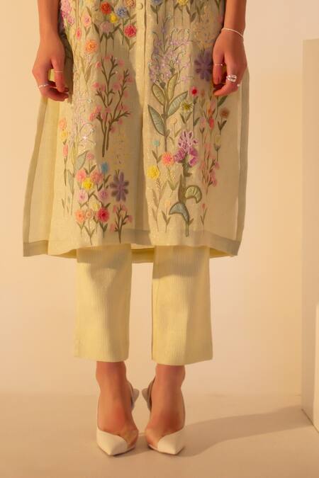 Shop Oja Yellow Gingham, Linen Sequins, Beads Floral Embroidered High Low Kurta With Pant Online at Aza Fashions Shop_Oja_Yellow Gingham, Linen Sequins, Beads Floral Embroidered High Low Kurta With Pant _Online_at_Aza_Fashions