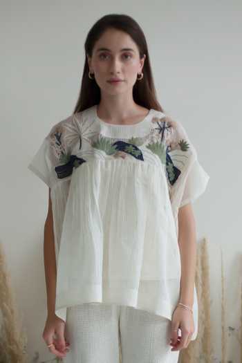 Buy_Oja_Ivory Linen, Canvas Embroidery Round Neck Earthy Applique Jacket And Pant Set _Online_at_Aza_Fashions