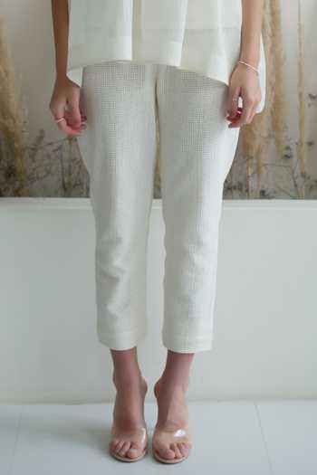 Shop_Oja_Ivory Linen, Canvas Embroidery Round Neck Earthy Applique Jacket And Pant Set _Online_at_Aza_Fashions