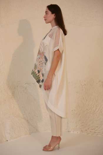 Oja_Ivory Linen, Handloom Cotton Embroidery, Palm Tree High Low Kurta And Pant Set _Online_at_Aza_Fashions