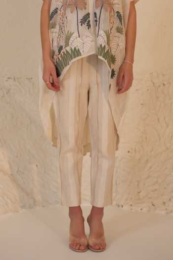 Buy_Oja_Ivory Linen, Handloom Cotton Embroidery, Palm Tree High Low Kurta And Pant Set _Online_at_Aza_Fashions