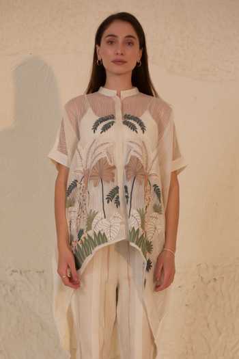 Shop_Oja_Ivory Linen, Handloom Cotton Embroidery, Palm Tree High Low Kurta And Pant Set _Online_at_Aza_Fashions