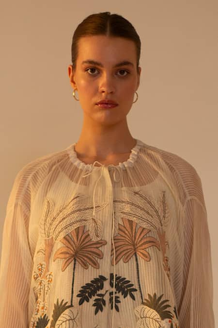 Buy_Oja_Ivory Linen, Canvas Embroidery, Applique Palm Tree Short Jacket And Pant Set _Online_at_Aza_Fashions