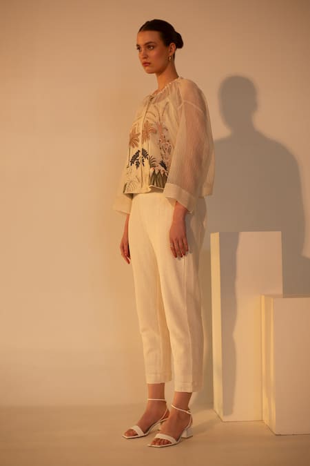 Shop_Oja_Ivory Linen, Canvas Embroidery, Applique Palm Tree Short Jacket And Pant Set _Online_at_Aza_Fashions