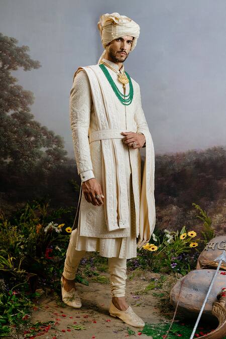 Yajy By Aditya Jain Ivory Silk Embroidery Kusha Geometric Motif Sherwani Set Online at Aza Fashions Yajy By Aditya Jain_Ivory Silk Embroidery Kusha Geometric Motif Sherwani Set _Online_at_Aza_Fashions