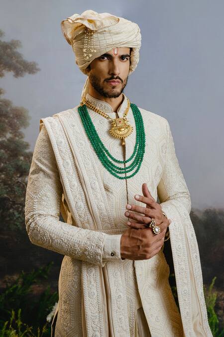 Buy Yajy By Aditya Jain Ivory Silk Embroidery Kusha Geometric Motif Sherwani Set Online at Aza Fashions Buy_Yajy By Aditya Jain_Ivory Silk Embroidery Kusha Geometric Motif Sherwani Set _Online_at_Aza_Fashions