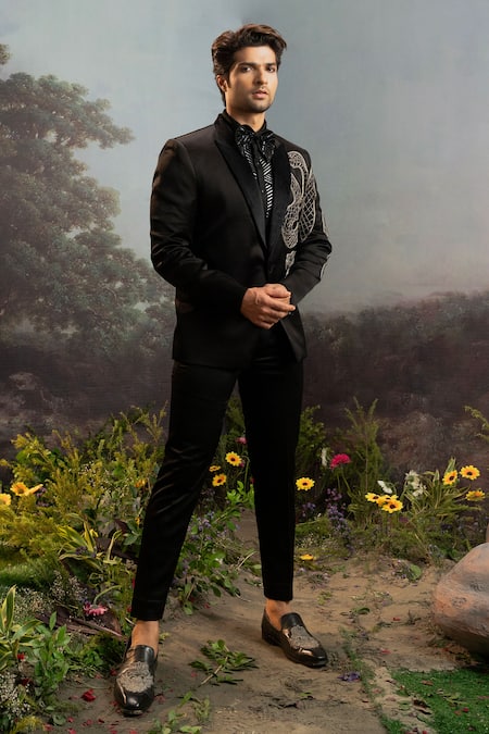 Shop Yajy By Aditya Jain Black Cotton Embroidery Maricha Anaconda Tuxedo Set at Aza Fashions Shop_Yajy By Aditya Jain_Black Cotton Embroidery Maricha Anaconda Tuxedo Set _at_Aza_Fashions