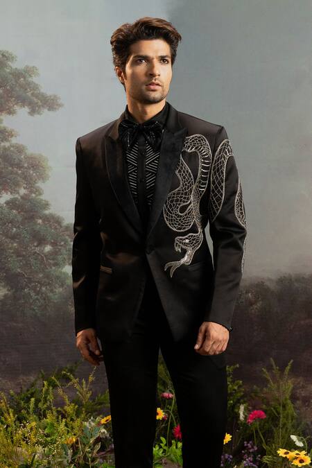 Yajy By Aditya Jain Black Cotton Embroidery Maricha Anaconda Tuxedo Set Online at Aza Fashions Yajy By Aditya Jain_Black Cotton Embroidery Maricha Anaconda Tuxedo Set _Online_at_Aza_Fashions