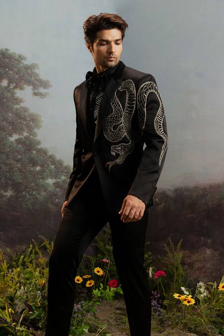 Buy Yajy By Aditya Jain Black Cotton Embroidery Maricha Anaconda Tuxedo Set Online at Aza Fashions Buy_Yajy By Aditya Jain_Black Cotton Embroidery Maricha Anaconda Tuxedo Set _Online_at_Aza_Fashions