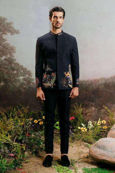 Yajy By Aditya Jain Blue Wool Embroidery Mriga Forest Bandhgala And Pant Set Online at Aza Fashions Yajy By Aditya Jain_Blue Wool Embroidery Mriga Forest Bandhgala And Pant Set _Online_at_Aza_Fashions