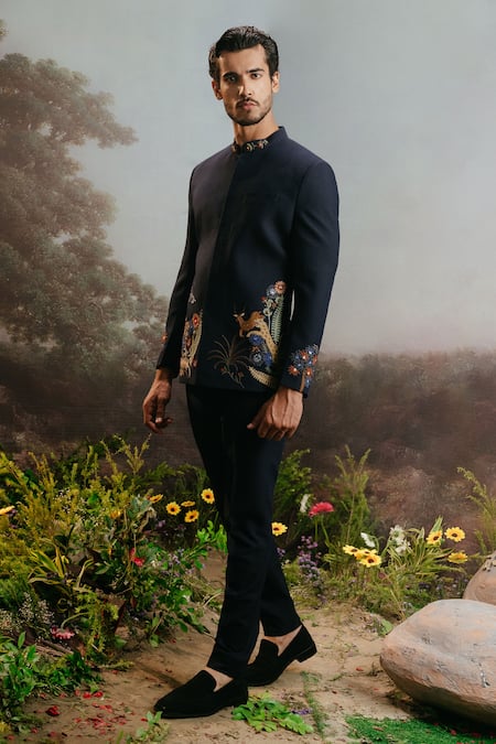 Buy Yajy By Aditya Jain Blue Wool Embroidery Mriga Forest Bandhgala And Pant Set Online at Aza Fashions Buy_Yajy By Aditya Jain_Blue Wool Embroidery Mriga Forest Bandhgala And Pant Set _Online_at_Aza_Fashions