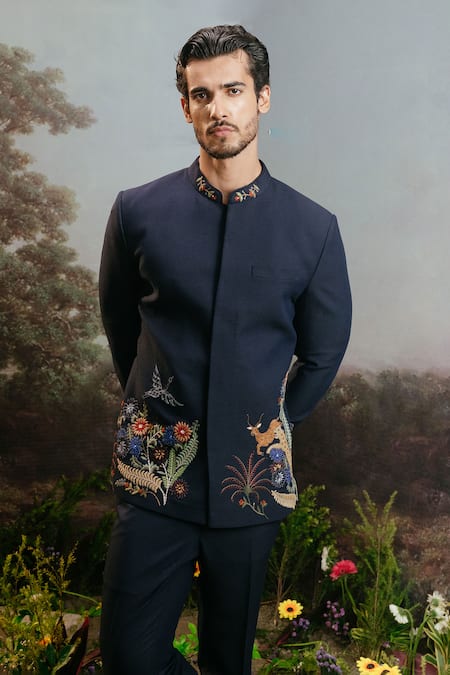 Shop Yajy By Aditya Jain Blue Wool Embroidery Mriga Forest Bandhgala And Pant Set Online at Aza Fashions Shop_Yajy By Aditya Jain_Blue Wool Embroidery Mriga Forest Bandhgala And Pant Set _Online_at_Aza_Fashions