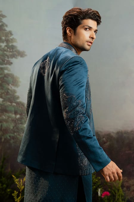 Shop Yajy By Aditya Jain Blue Silk Embroidery Nala Floral Motif Bandhgala Pant Set at Aza Fashions Shop_Yajy By Aditya Jain_Blue Silk Embroidery Nala Floral Motif Bandhgala Pant Set _at_Aza_Fashions