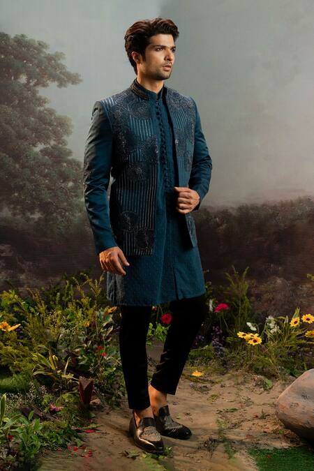 Yajy By Aditya Jain Blue Silk Embroidery Nala Floral Motif Bandhgala Pant Set Online at Aza Fashions Yajy By Aditya Jain_Blue Silk Embroidery Nala Floral Motif Bandhgala Pant Set _Online_at_Aza_Fashions