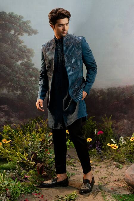 Buy Yajy By Aditya Jain Blue Silk Embroidery Nala Floral Motif Bandhgala Pant Set Online at Aza Fashions Buy_Yajy By Aditya Jain_Blue Silk Embroidery Nala Floral Motif Bandhgala Pant Set _Online_at_Aza_Fashions