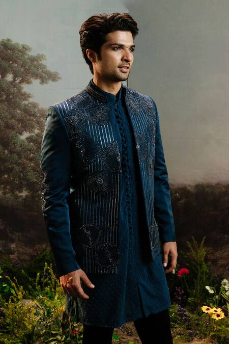 Shop Yajy By Aditya Jain Blue Silk Embroidery Nala Floral Motif Bandhgala Pant Set Online at Aza Fashions Shop_Yajy By Aditya Jain_Blue Silk Embroidery Nala Floral Motif Bandhgala Pant Set _Online_at_Aza_Fashions