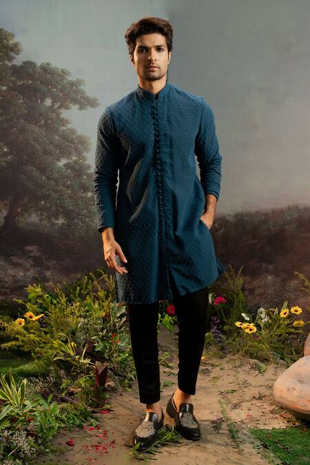 Yajy By Aditya Jain Blue Embroidery Nala French Knot Kurta And Pant Set Online at Aza Fashions Yajy By Aditya Jain_Blue Embroidery Nala French Knot Kurta And Pant Set _Online_at_Aza_Fashions
