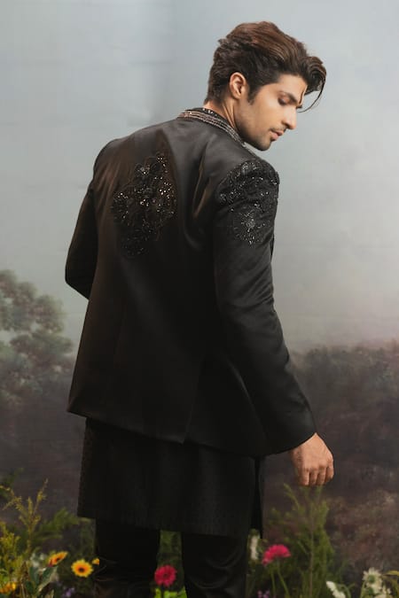 Shop Yajy By Aditya Jain Black Wool Embroidery Narantaka Floral Bandhgala Jacket Trouser Set at Aza Fashions Shop_Yajy By Aditya Jain_Black Wool Embroidery Narantaka Floral Bandhgala Jacket Trouser Set _at_Aza_Fashions