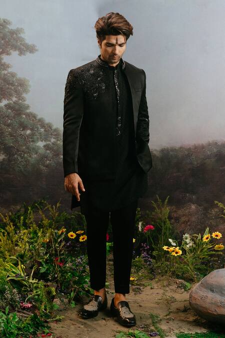 Yajy By Aditya Jain Black Wool Embroidery Narantaka Floral Bandhgala Jacket Trouser Set Online at Aza Fashions Yajy By Aditya Jain_Black Wool Embroidery Narantaka Floral Bandhgala Jacket Trouser Set _Online_at_Aza_Fashions
