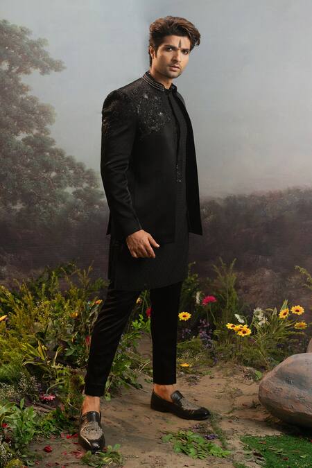 Buy Yajy By Aditya Jain Black Wool Embroidery Narantaka Floral Bandhgala Jacket Trouser Set Online at Aza Fashions Buy_Yajy By Aditya Jain_Black Wool Embroidery Narantaka Floral Bandhgala Jacket Trouser Set _Online_at_Aza_Fashions