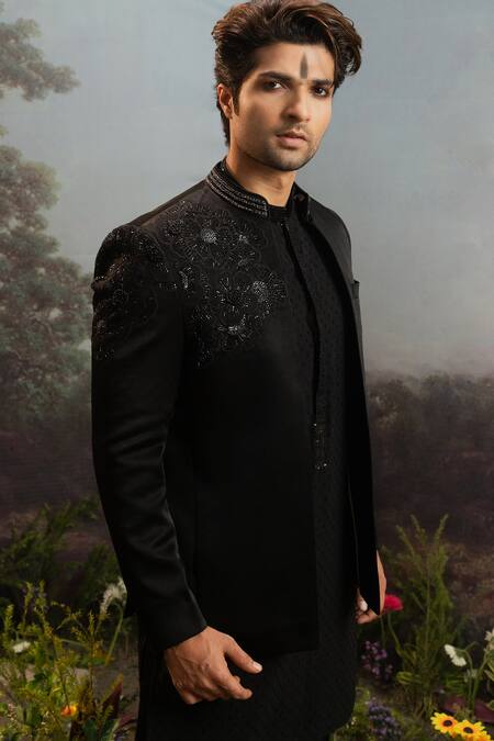 Shop Yajy By Aditya Jain Black Wool Embroidery Narantaka Floral Bandhgala Jacket Trouser Set Online at Aza Fashions Shop_Yajy By Aditya Jain_Black Wool Embroidery Narantaka Floral Bandhgala Jacket Trouser Set _Online_at_Aza_Fashions