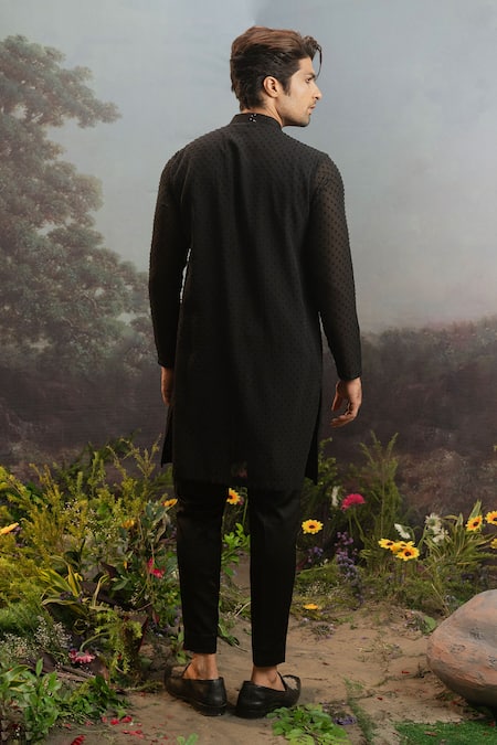 Shop Yajy By Aditya Jain Black Faux Leather Sequins Narantaka Embroidered Placket Kurta And Trouser Set at Aza Fashions Shop_Yajy By Aditya Jain_Black Faux Leather Sequins Narantaka Embroidered Placket Kurta And Trouser Set _at_Aza_Fashions