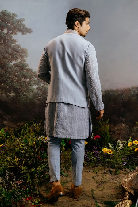 Shop Yajy By Aditya Jain Blue Silk Sequins, Beads, Embroidery Bundi Kurta Set at Aza Fashions Shop_Yajy By Aditya Jain_Blue Silk Sequins, Beads, Embroidery Bundi Kurta Set _at_Aza_Fashions