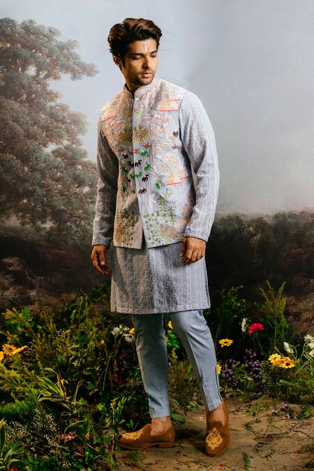 Yajy By Aditya Jain Blue Silk Sequins, Beads, Embroidery Bundi Kurta Set Online at Aza Fashions Yajy By Aditya Jain_Blue Silk Sequins, Beads, Embroidery Bundi Kurta Set _Online_at_Aza_Fashions