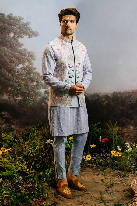 Buy Yajy By Aditya Jain Blue Silk Sequins, Beads, Embroidery Bundi Kurta Set Online at Aza Fashions Buy_Yajy By Aditya Jain_Blue Silk Sequins, Beads, Embroidery Bundi Kurta Set _Online_at_Aza_Fashions