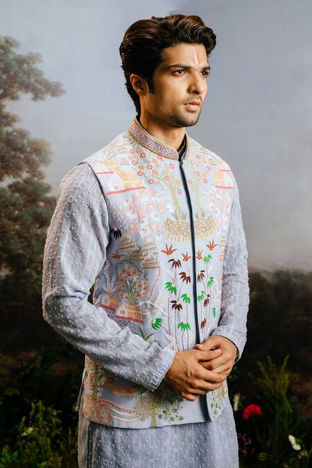Shop Yajy By Aditya Jain Blue Silk Sequins, Beads, Embroidery Bundi Kurta Set Online at Aza Fashions Shop_Yajy By Aditya Jain_Blue Silk Sequins, Beads, Embroidery Bundi Kurta Set _Online_at_Aza_Fashions