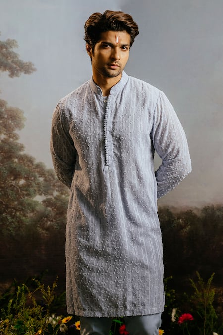 Shop Yajy By Aditya Jain Blue Cotton Embroidery Nila Thread Kurta And Trouser Set at Aza Fashions Shop_Yajy By Aditya Jain_Blue Cotton Embroidery Nila Thread Kurta And Trouser Set _at_Aza_Fashions