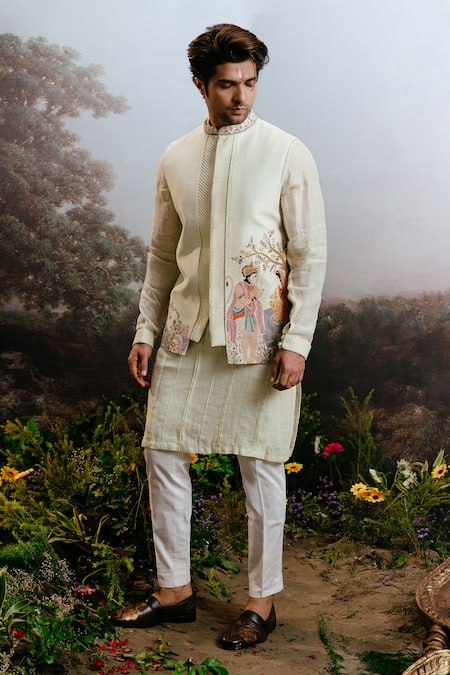 YAJY by Aditya Jain Green Linen Embroidered Thread Pawanputra Bundi Kurta Set 