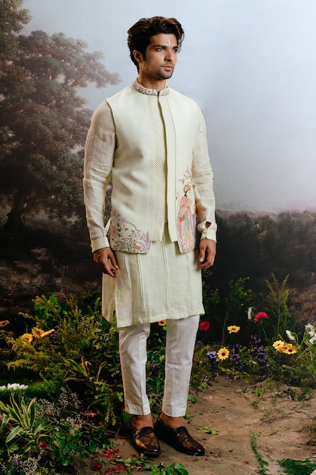 Shop Yajy By Aditya Jain Green Linen Embroidery Mint Thread Bundi Kurta Set at Aza Fashions Shop_Yajy By Aditya Jain_Green Linen Embroidery Mint Thread Bundi Kurta Set _at_Aza_Fashions