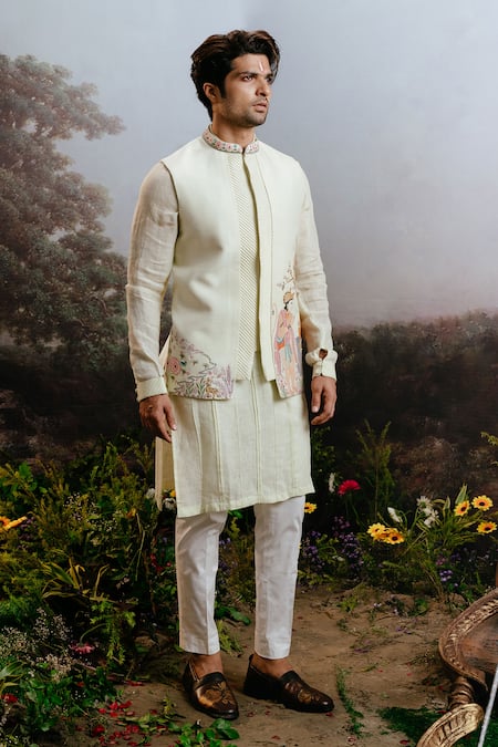 Yajy By Aditya Jain Green Linen Embroidery Mint Thread Bundi Kurta Set Online at Aza Fashions Yajy By Aditya Jain_Green Linen Embroidery Mint Thread Bundi Kurta Set _Online_at_Aza_Fashions