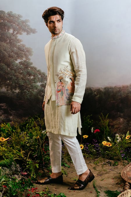 Buy Yajy By Aditya Jain Green Linen Embroidery Mint Thread Bundi Kurta Set Online at Aza Fashions Buy_Yajy By Aditya Jain_Green Linen Embroidery Mint Thread Bundi Kurta Set _Online_at_Aza_Fashions