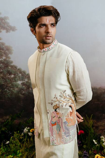 Shop Yajy By Aditya Jain Green Linen Embroidery Mint Thread Bundi Kurta Set Online at Aza Fashions Shop_Yajy By Aditya Jain_Green Linen Embroidery Mint Thread Bundi Kurta Set _Online_at_Aza_Fashions