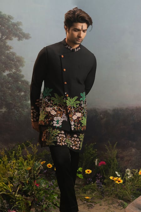 Yajy By Aditya Jain_Black Cotton Embroidery Prahasta Garden Bandhgala Jacket Trouser Set _Online_at_Aza_Fashions