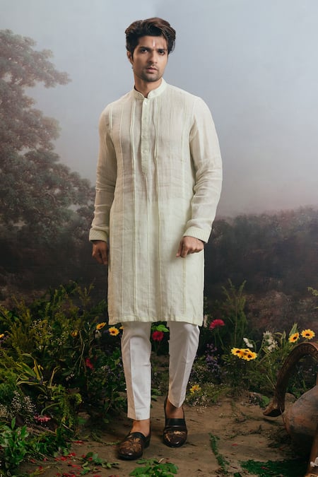 Shop Yajy By Aditya Jain Green Linen Embroidery Raaghav Pintucked Straight Kurta And Trouser Set at Aza Fashions Shop_Yajy By Aditya Jain_Green Linen Embroidery Raaghav Pintucked Straight Kurta And Trouser Set _at_Aza_Fashions