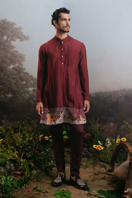 YAJY by Aditya Jain Red Silk Embroidered Ramayan Ramsetu Hem Kurta And Trouser Set 