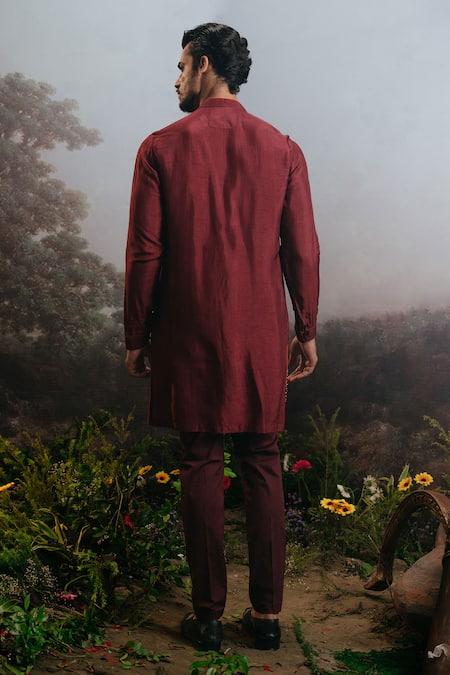 Shop Yajy By Aditya Jain Red Silk Embroidery Ramsetu Hem Kurta And Trouser Set at Aza Fashions Shop_Yajy By Aditya Jain_Red Silk Embroidery Ramsetu Hem Kurta And Trouser Set _at_Aza_Fashions