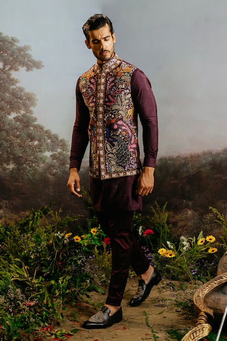 Yajy By Aditya Jain Purple Silk Embroidery, Sequins Sampati Jacket And Kurta Set Online at Aza Fashions Yajy By Aditya Jain_Purple Silk Embroidery, Sequins Sampati Jacket And Kurta Set _Online_at_Aza_Fashions