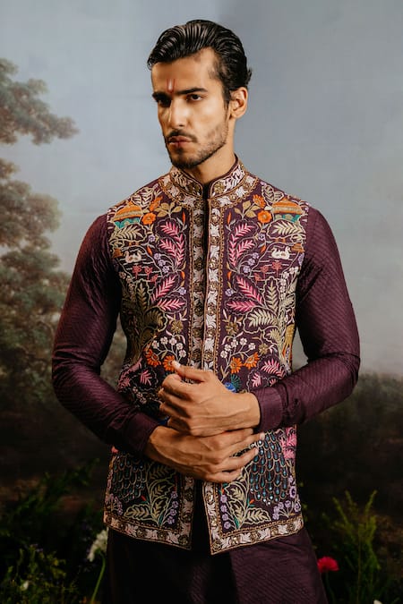 Buy Yajy By Aditya Jain Purple Silk Embroidery, Sequins Sampati Jacket And Kurta Set Online at Aza Fashions Buy_Yajy By Aditya Jain_Purple Silk Embroidery, Sequins Sampati Jacket And Kurta Set _Online_at_Aza_Fashions