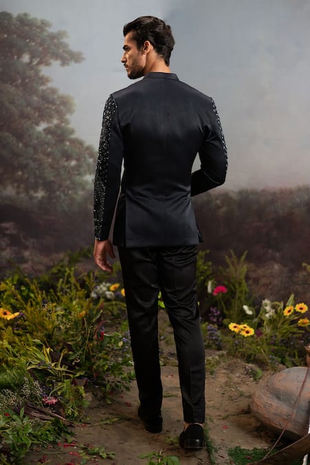 Shop Yajy By Aditya Jain Black Wool Cut Work Cutdana Embroidered Bandhgala And Pant Set at Aza Fashions Shop_Yajy By Aditya Jain_Black Wool Cut Work Cutdana Embroidered Bandhgala And Pant Set _at_Aza_Fashions