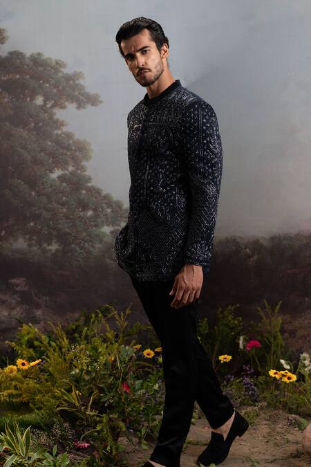 Buy Yajy By Aditya Jain Black Wool Cut Work Cutdana Embroidered Bandhgala And Pant Set Online at Aza Fashions Buy_Yajy By Aditya Jain_Black Wool Cut Work Cutdana Embroidered Bandhgala And Pant Set _Online_at_Aza_Fashions