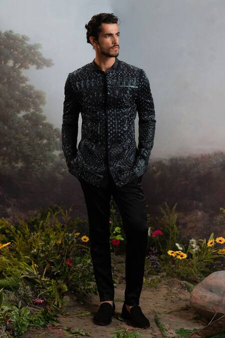 Shop Yajy By Aditya Jain Black Wool Cut Work Cutdana Embroidered Bandhgala And Pant Set Online at Aza Fashions Shop_Yajy By Aditya Jain_Black Wool Cut Work Cutdana Embroidered Bandhgala And Pant Set _Online_at_Aza_Fashions