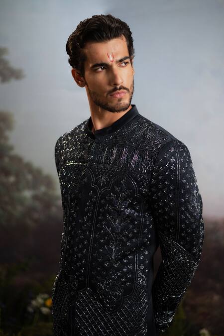 Yajy By Aditya Jain Black Wool Cut Work Cutdana Embroidered Bandhgala And Pant Set at Aza Fashions Yajy By Aditya Jain_Black Wool Cut Work Cutdana Embroidered Bandhgala And Pant Set _at_Aza_Fashions