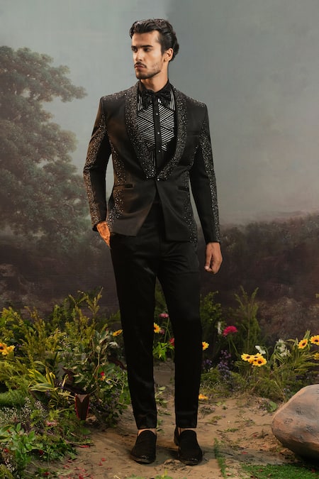 YAJY by Aditya Jain Black Italian Suiting Embroidery Celeste Agastya Embellished Tuxedo Set 