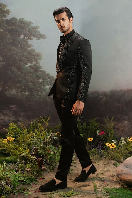 Shop Yajy By Aditya Jain Black Silk, Polyester, Cotton Beads, Agastya Celeste Embellished Tuxedo Set at Aza Fashions Shop_Yajy By Aditya Jain_Black Silk, Polyester, Cotton Beads, Agastya Celeste Embellished Tuxedo Set _at_Aza_Fashions