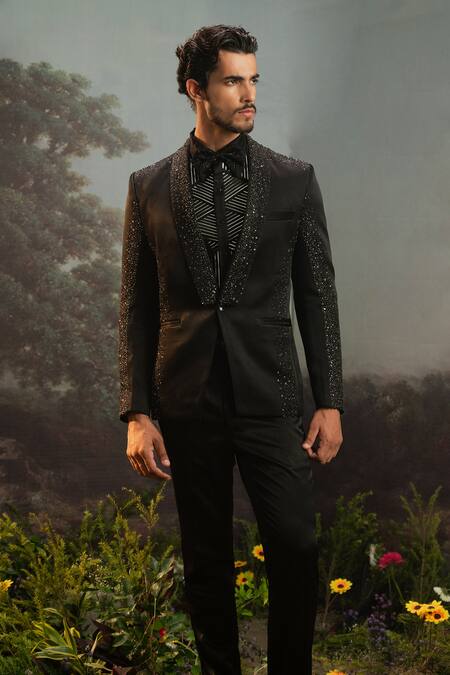 Yajy By Aditya Jain Black Silk, Polyester, Cotton Beads, Agastya Celeste Embellished Tuxedo Set Online at Aza Fashions Yajy By Aditya Jain_Black Silk, Polyester, Cotton Beads, Agastya Celeste Embellished Tuxedo Set _Online_at_Aza_Fashions